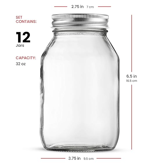 Glass Regular-Mouth Mason Jars, 32-Ounce (12-Pack) Glass Jars with Silver Metal Airtight Lids for Meal Prep, Food Storage, Canning, Drinking, Overnight Oats, Jelly, Dry Food, Spices, Salads, Yogurt