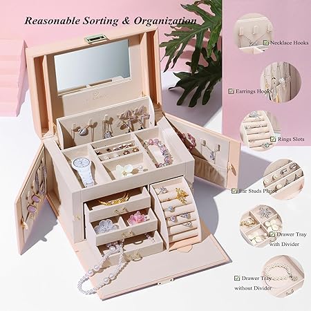 Vlando Mirrored Jewelry Box Organizer, Leather Jewelry Storage Case, Necklaces Earrings Rings Brackets Box Holder, Pink