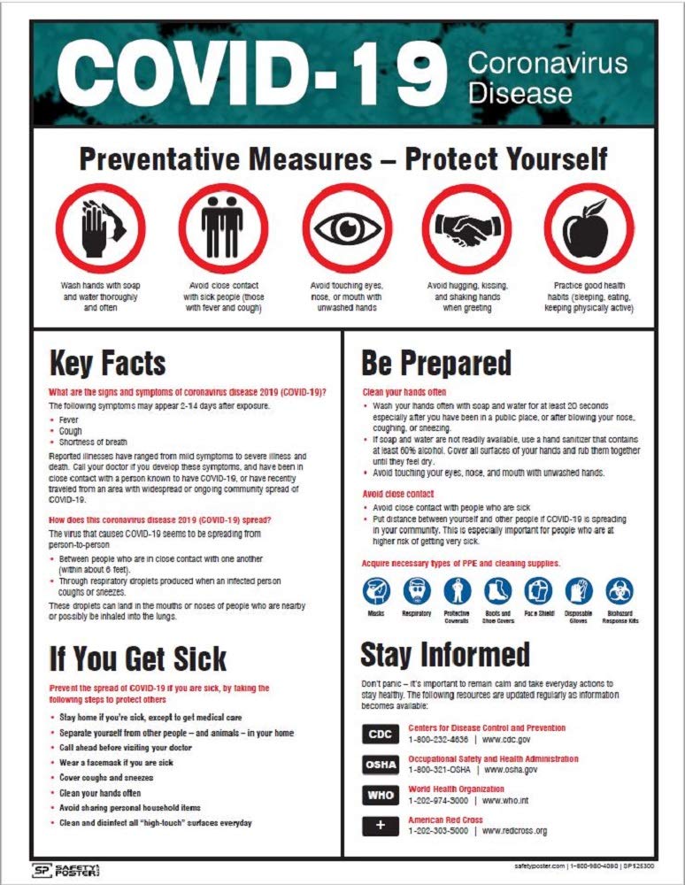 Safety Poster COVID-19 Information 22 x 17, Red/Blue/Green/Black on White (SP125300)