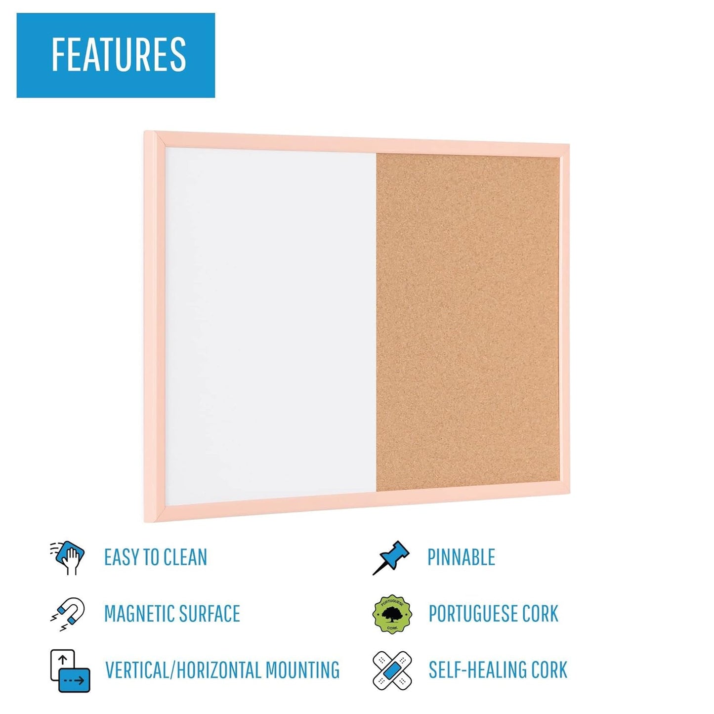 MasterVision Pastel Collection Combo Dry Erase Whiteboard/Cork Bulletin Board, Salmon Colored MDF Frame, 35.43" x 23.62"