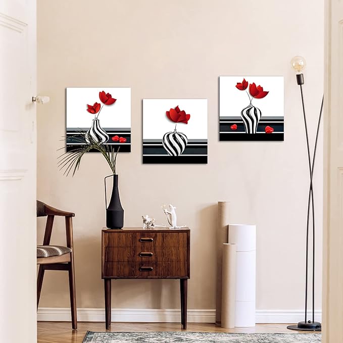 Canvbay 3 Piece Red Flower in Vase Canvas Wall Art Floral in Black and White Vase Picture Painting Print for Bathroom Bedroom Decor Framed Ready to Hang 16x16inchx3pcs (Medium, Red)