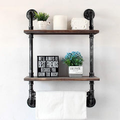 Industrial Pipe Shelf Bathroom Shelves Wall Mounted,19.6in Rustic Wood Shelf with Towel Bar,2 Tier Farmhouse Towel Rack Over Toilet,Pipe Shelving Floating Shelves Towel Holder,Retro Grey