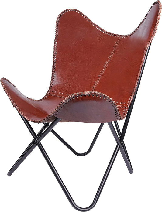 HLC Classic Genuine Leather Arm Chair Living Room Chairs-Handmade Chair with Powder Coated Folding Iron Frame (Tan Cover with Folding Frame) (Black Stand)