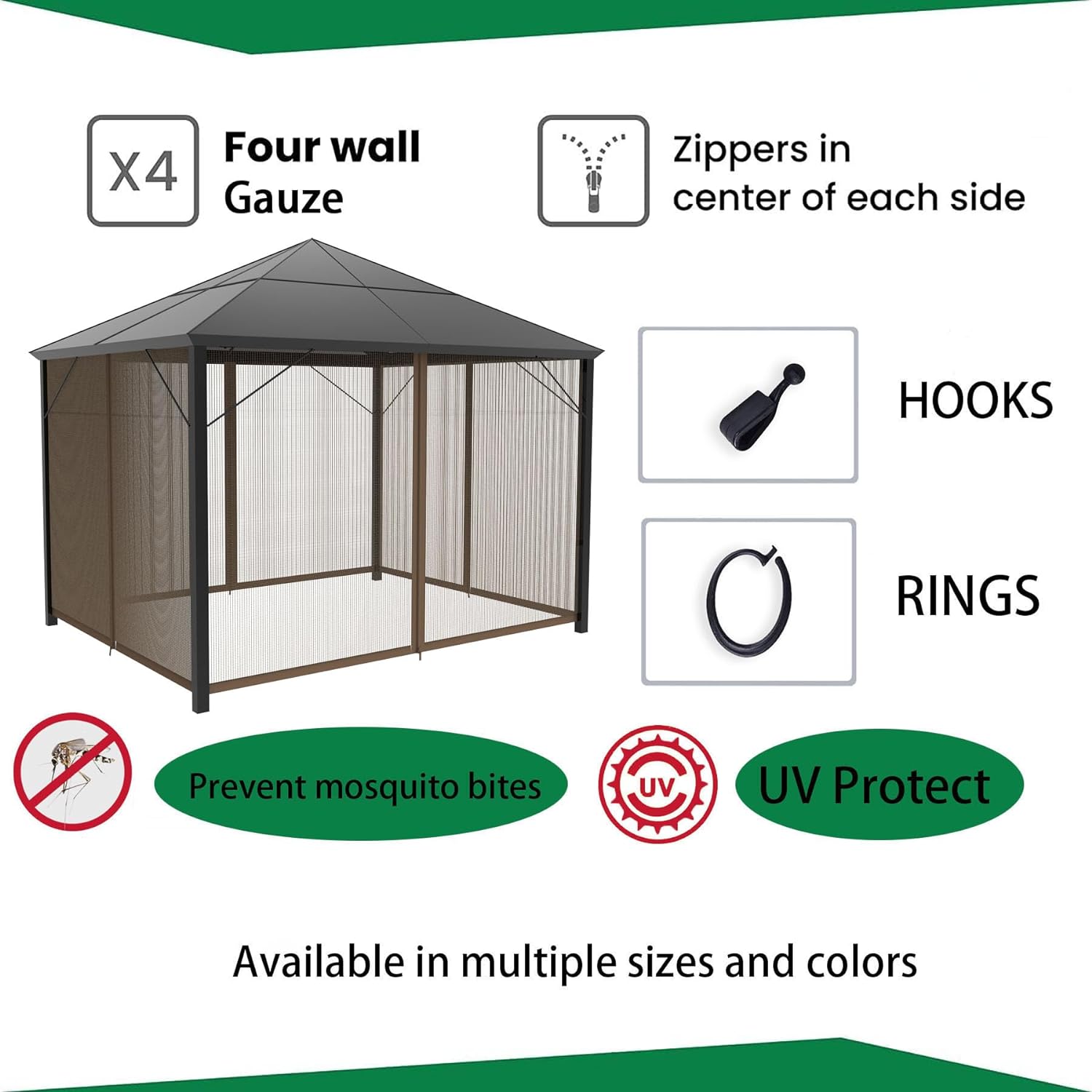 Sunshine Outdoor 10' x 10' Gazebo Replacement Mosquito Netting Screen 4-Panels, Universal Netting Side Walls for Patio, Garden, Yard (Net Only), Brown