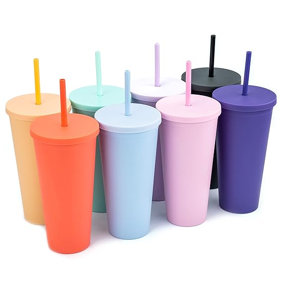 Tumblers with Lids (8 pack) 22oz Pastel Colored Acrylic Cups with Lids and Straws | Double Wall Matte Plastic Bulk Tumblers With FREE Straw Cleaner! Vinyl Customizable DIY Gifts