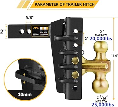 XPE Ultra Silent Adjustable Trailer Hitch, Fits 2 Inch Receiver, 8 Inch Adjustable Drop Hitch, 25,000 Lbs Gtw-Tow Hitch for Heavy Duty Truck, Solid Truck Hitch, X-652008