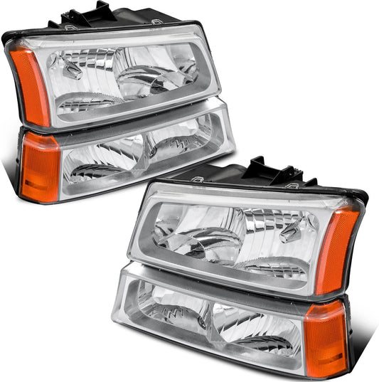 MOSTPLUS Headlight Assembly Compatible with 2003-2006 Chevy Avalanche/2003-2007 Chevrolet Silverado 1500 2500 3500 Headlamp Pair with Chrome Housing/Transparent Lens/Transparent Cornor w/Smoke Bumper