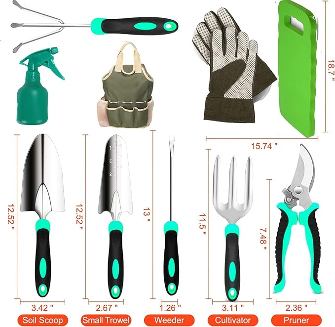 Scuddles Garden Tools Set - 7 Piece Heavy Duty Gardening Tools with Storage Organizer, Ergonomic Hand Digging Weeder, Rake, Shovel, Trowel, for Men & Women