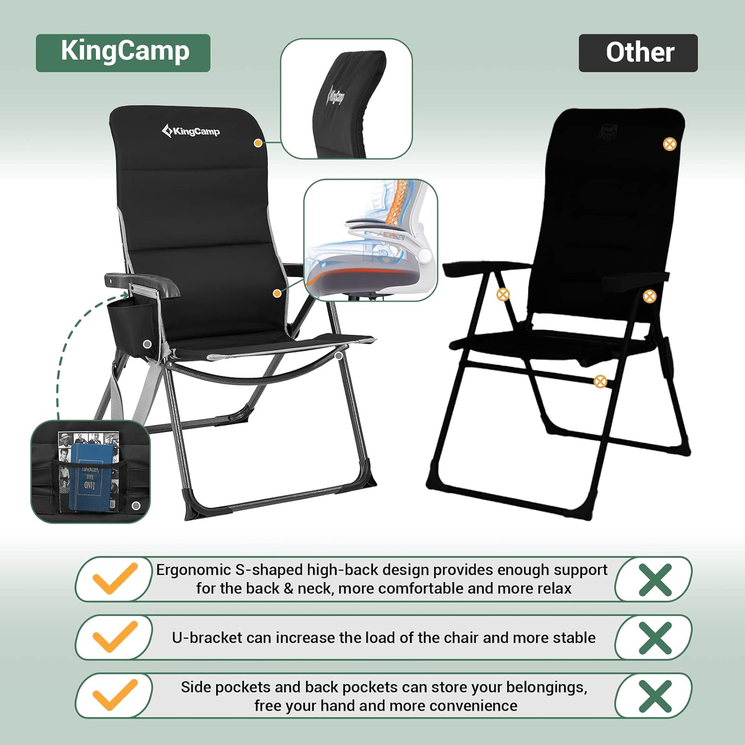 KingCamp Reclining Camping Folding Chair, Padded Lumbar Support Heavy Duty High Back Adults Chairs with Carry Strap Pocket for Garden Lawn Patio Outdoor Camp Black