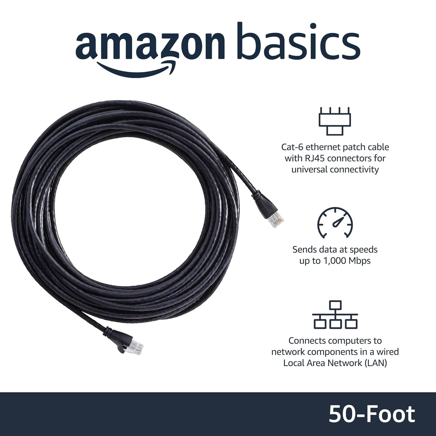 Basics RJ45 Cat-6 Gigabit Ethernet Patch Internet Cable - 50 Feet