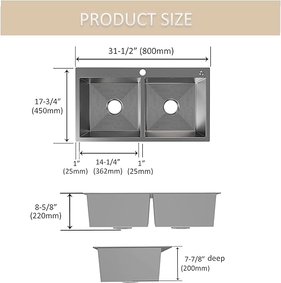 Lifezcime 31.5x 17.7x 8.7" Drop in Kitchen Sink 50/50 Double Bowls, 11Gauge 304 Stainless Steel Top Mount Kitchen Sink Basin with Basket Strainer, Tight Radius Brushed, 1 Faucet Hole