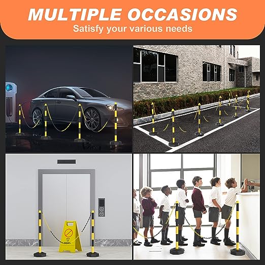 4 Pack Traffic Delineator Post Cones with Fillable Base, Adjustable Plastic Safety Barrier with 5Ft Plastic Chain, Outdoor and Indoor Crowd Control Stanchion for Traffic Control and Warning