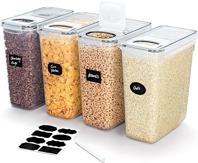 Lifewit 5.5L(186oz) Cereal Containers Storage with Flip-Top Lids, 4pcs Airtight Food Storage Canister Sets with Label Stickers for Kitchen Pantry Counter Organization, Oats, Flour, Sugar, BPA Free