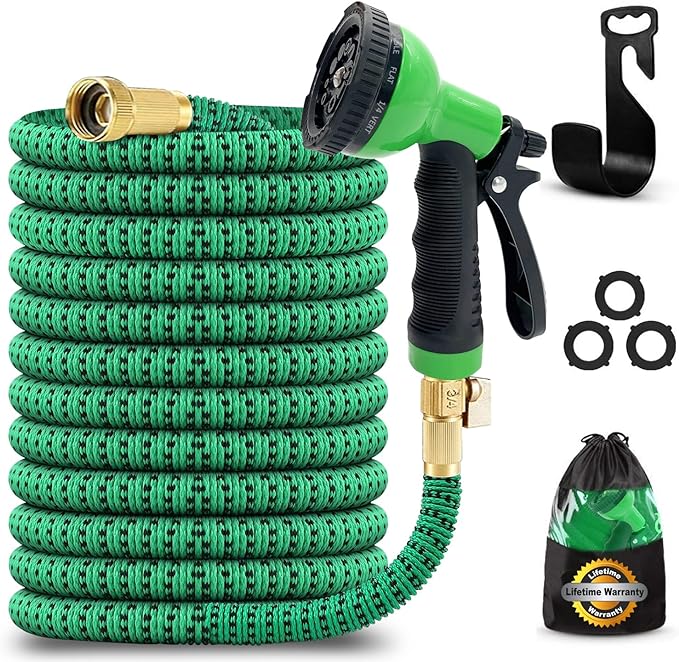 J&B XpandaHose 75ft Expandable Garden Hose with Holder - Heavy Duty Superior Strength 3750D - 4 -Layer Latex Core - Extra Strong Brass Connectors and 10 Spray Nozzle w/Storage Bag (Green 75)