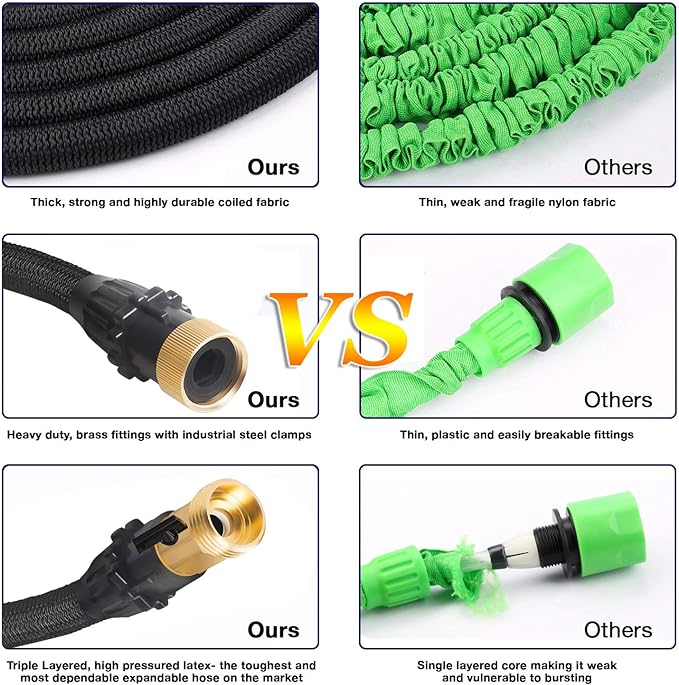 J&B XpandaHose 75ft Expandable Garden Hose with Holder - Heavy Duty Superior Strength 3750D - 4 -Layer Latex Core - Extra Strong Brass Connectors and 10 Spray Nozzle w/Storage Bag (Green 75)