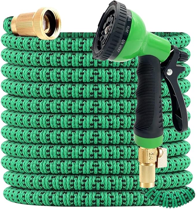 J&B XpandaHose 75ft Expandable Garden Hose with Holder - Heavy Duty Superior Strength 3750D - 4 -Layer Latex Core - Extra Strong Brass Connectors and 10 Spray Nozzle w/Storage Bag (Green 75)