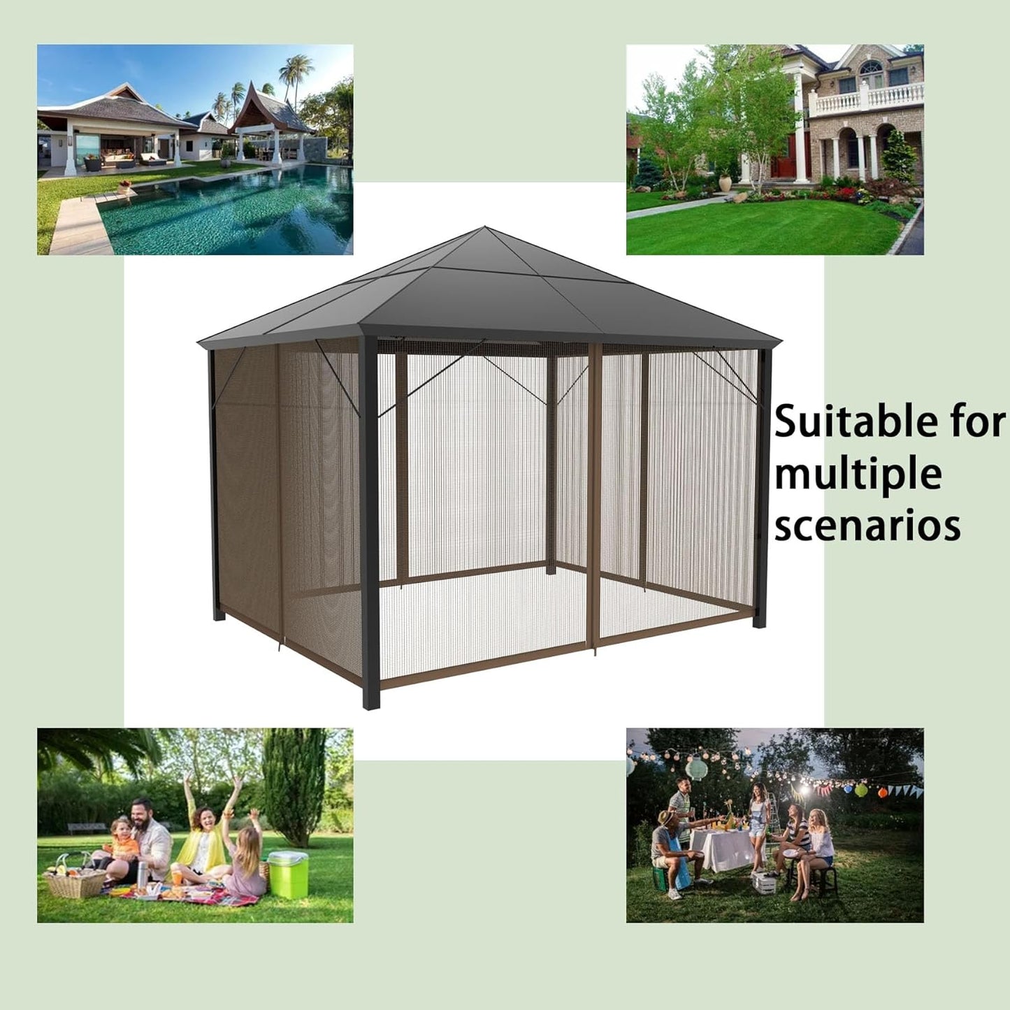 Sunshine Outdoor 10' x 10' Gazebo Replacement Mosquito Netting Screen 4-Panels, Universal Netting Side Walls for Patio, Garden, Yard (Net Only), Brown