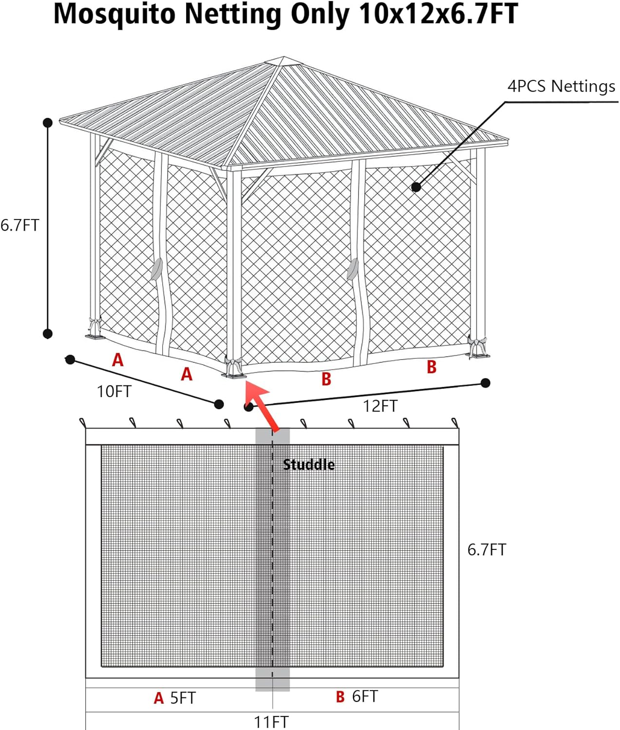 Sunshine Outdoor 10' x 12' Gazebo Replacement Mosquito Netting Screen 4-Panels, Universal Netting Side Walls for Patio, Garden, Yard (Net Only), Brown