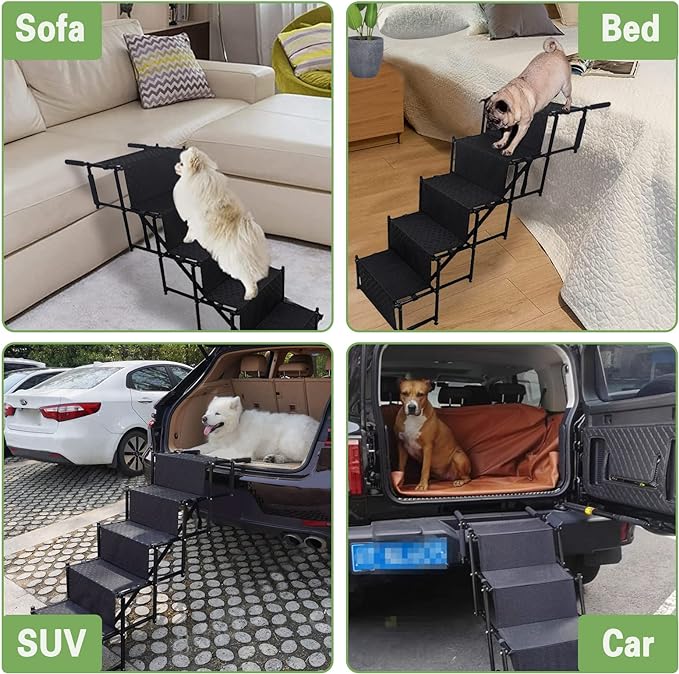 PINVNBY Dog Car Stairs for Large Dog Adjustable Folding Dog Ladder Portable Lightweight 5 Steps Dog Car Stairs with Non-Slip Surface for Cars and SUV, sedans, Jeeps,Trucks, Supports up to 150 lbs