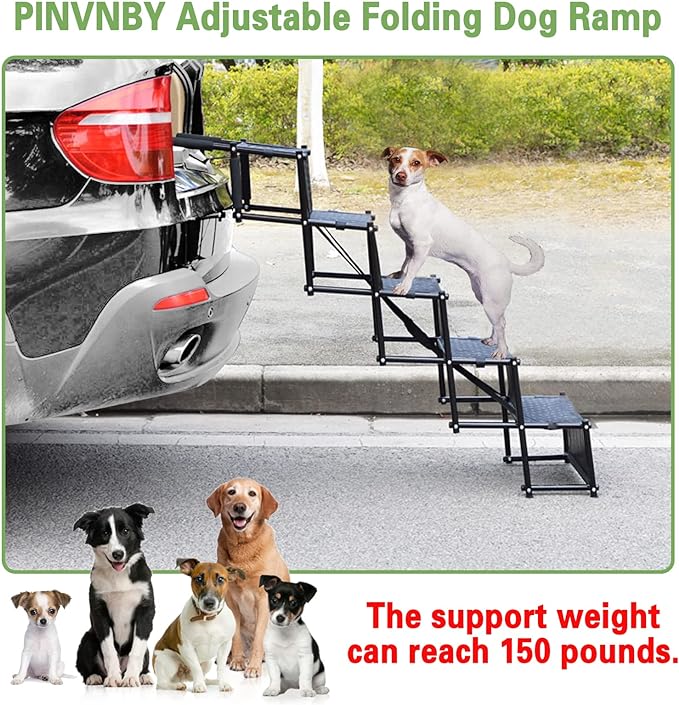 PINVNBY Dog Car Stairs for Large Dog Adjustable Folding Dog Ladder Portable Lightweight 5 Steps Dog Car Stairs with Non-Slip Surface for Cars and SUV, sedans, Jeeps,Trucks, Supports up to 150 lbs