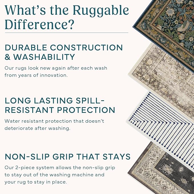 RUGGABLE Verena Washable Rug - Vintage Washable Area Rug for Living Room, Kitchen, Bedroom, Kids Room - Stain & Water Resistant, Non-Slip, Pet & Child Friendly - Dark Wood 5'x7' (Standard Pad)