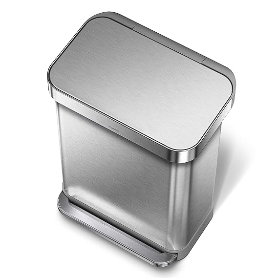simplehuman 55 Liter / 14.5 Gallon Rectangular Hands-Free Kitchen Step Trash Can with Soft-Close Lid, Brushed Stainless Steel