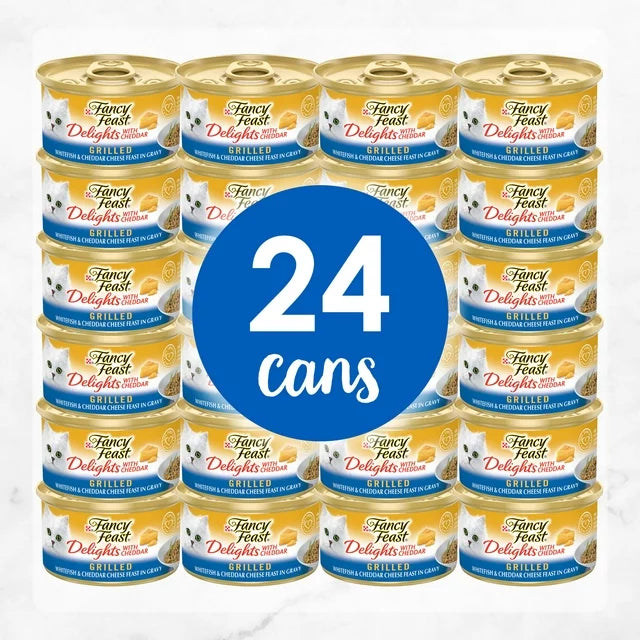 Purina Fancy Feast Gravy Wet Cat Food, Delights Grilled Whitefish & Cheddar Cheese Feast in Gravy - (24) 3 Oz. Cans