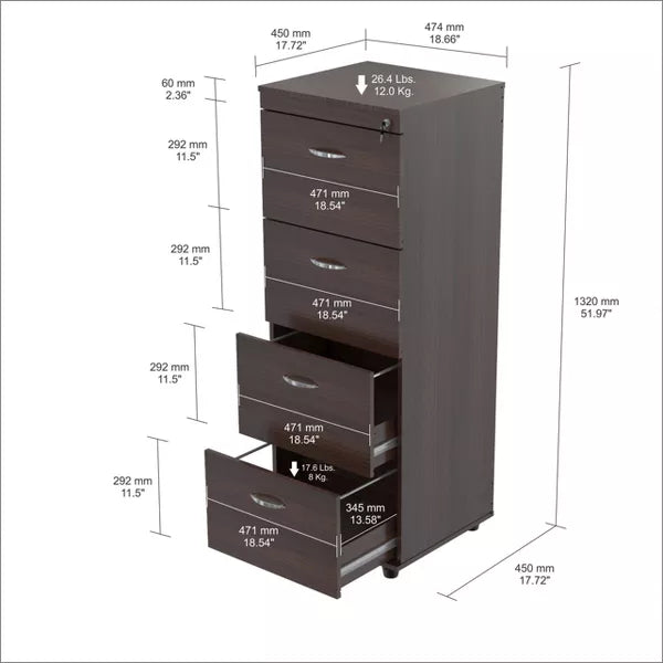 51.97" 4 Drawer Locking File Cabinet Espresso - Inval