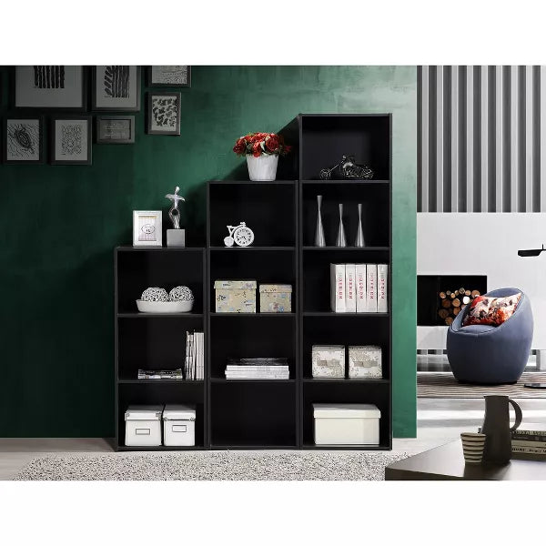 Hodedah HID23 High Quality 3 Shelf Home, Office, and School Organization Storage 35.70 Inch Tall Slim Bookcase Cabinets to Display Decor, Black