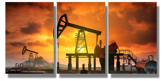 LevvArts 3 Pieces Oil Field Wall Art Decor Vintage Pump Jack Oil Industrys Picture Painting Print on Canvas Texas Sunset Poster Framed Home Living Room Decoration Ready to Hang