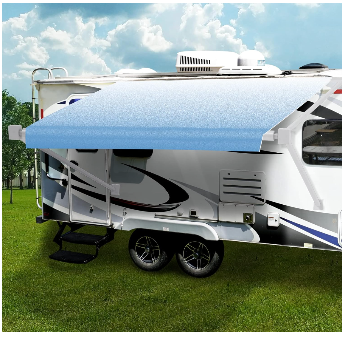 RVMATE 17FT RV Awning Fabric Replacement with Awning Anchor Kits & Pull Tension Strap, Blue Fade