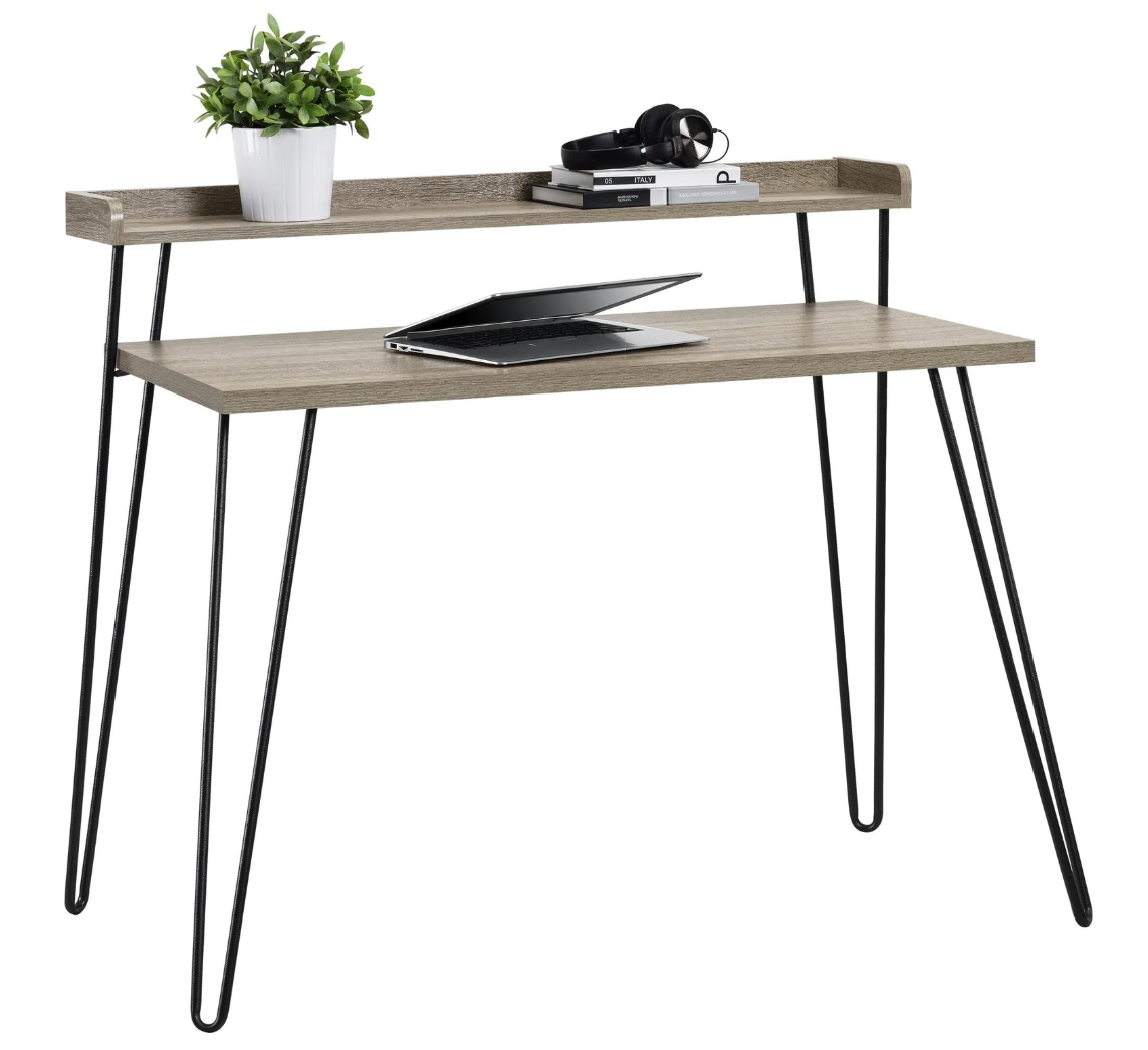 Ameriwood Haven Retro Computer Desk with Riser, Distressed Gray Oak