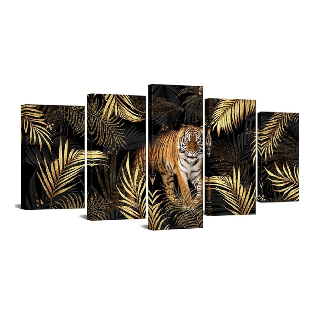 sechars 5 Panel Animal Canvas Wall Art Retro Tiger with Blue Eyes Picture Prints Vintage Wildlife Poster Artwork for Home Office Living Room Kitchen Decoration Ready to Hang (Medium)