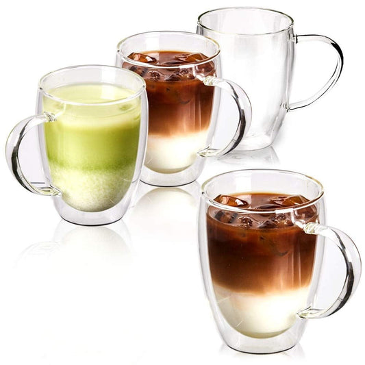 EZOWare 11oz Double Wall Coffee Mug Set, Clear Glass Thermal Insulated Cups with Handles for Hot or Cold Beverages, Espresso, Coffee, Tea, Latte, Cappuccino - Set of 4